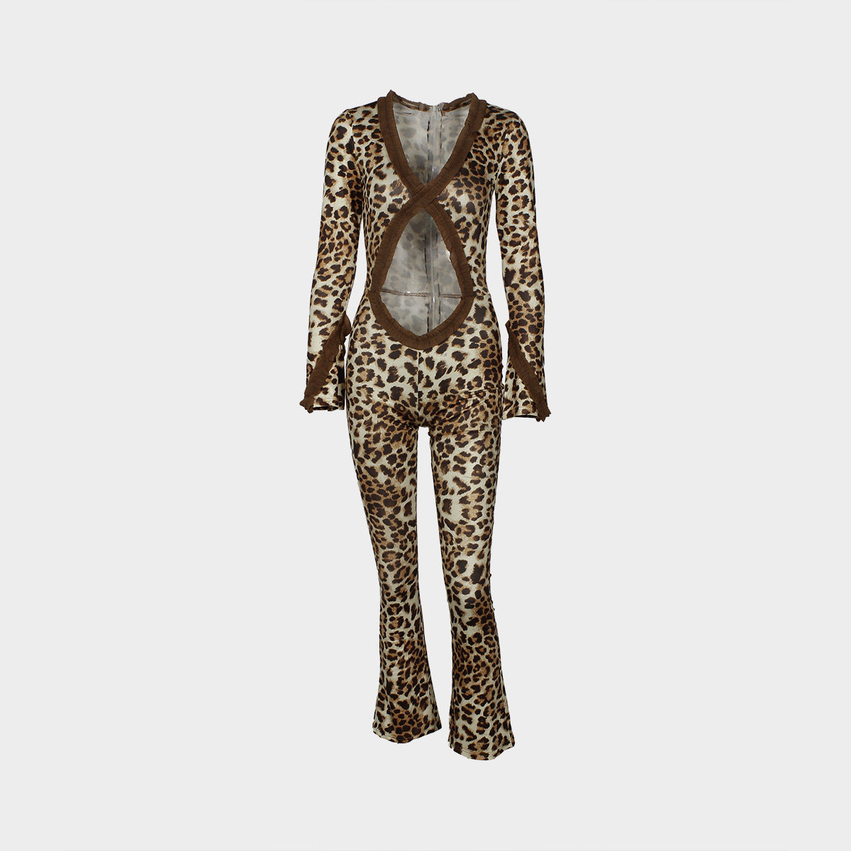 Fashion Slimming Sexy Patchwork Hollow Leopard Print Mesh See-Through Jumpsuit 8