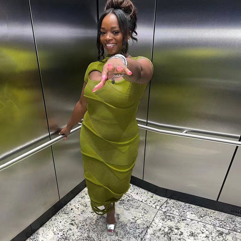 Women Slash Shoulder tassel hollow knitting solid irregular short-sleeved dress 9