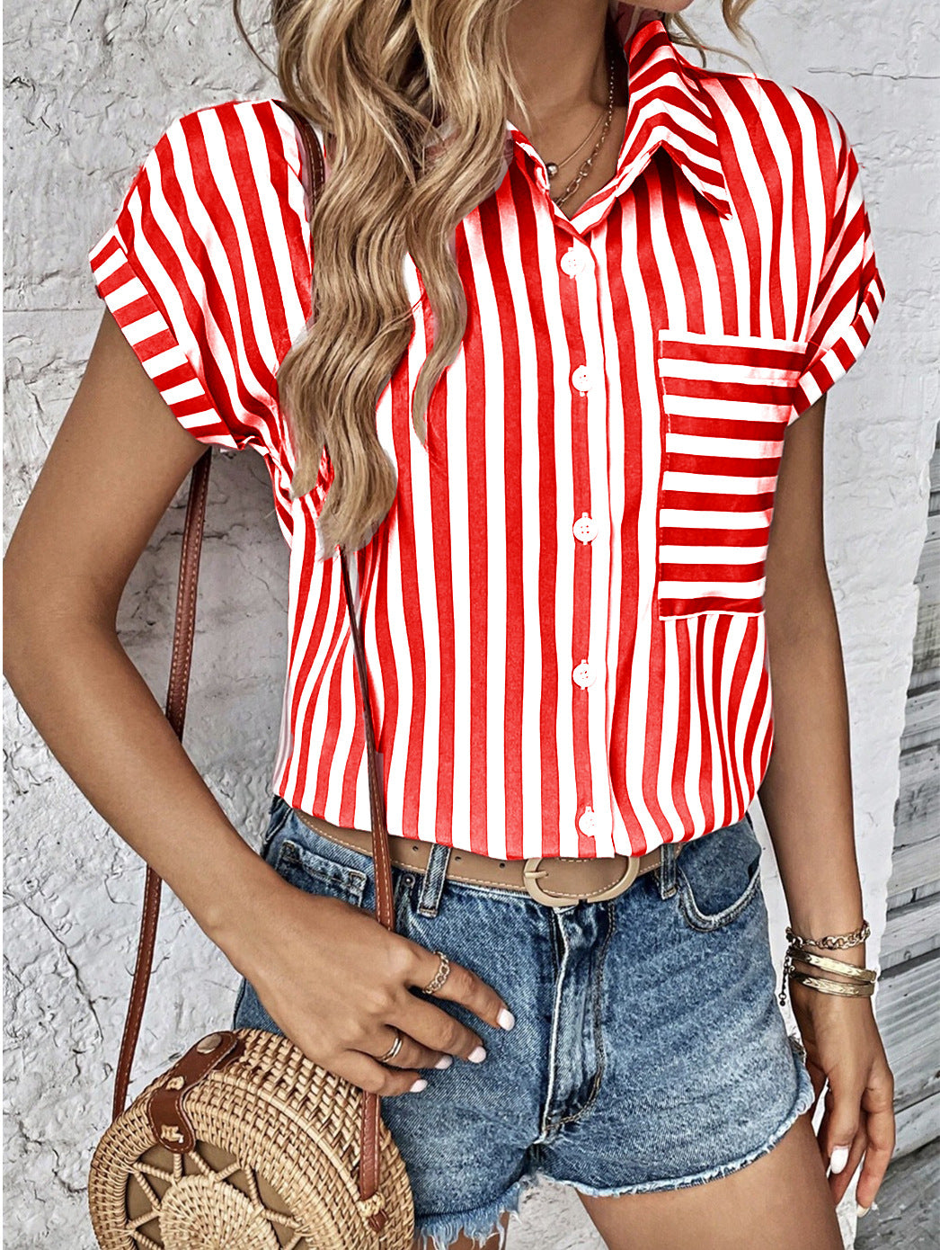 Summer V-Neck Pocket Striped Printed Shirt 3