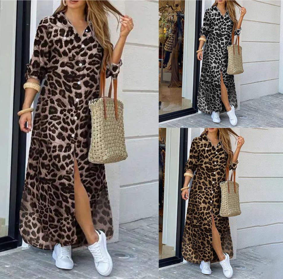 Autumn/Spring Casual Leopard Print High Slit Oversized Shirt Dress 7