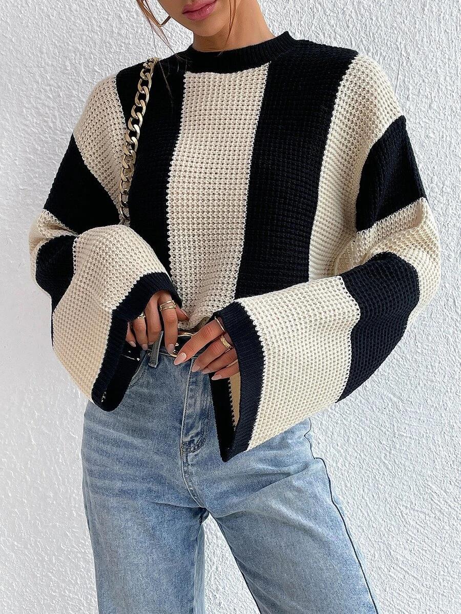 Spring And Autumn Trendy Knitting Sweater Top Round Neck Striped Sweater Jacket For Women 8