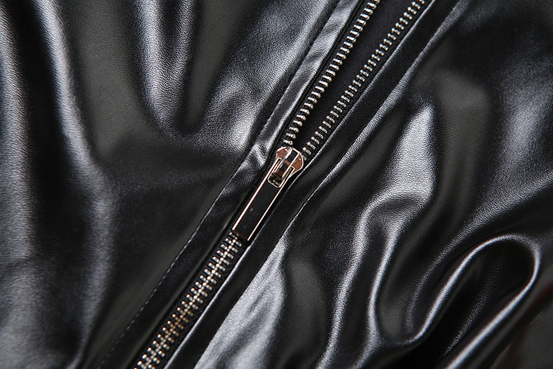 Autumn Winter Women's Fashion Contrast Slim Round Neck Pu Leather Jacket Coat 16