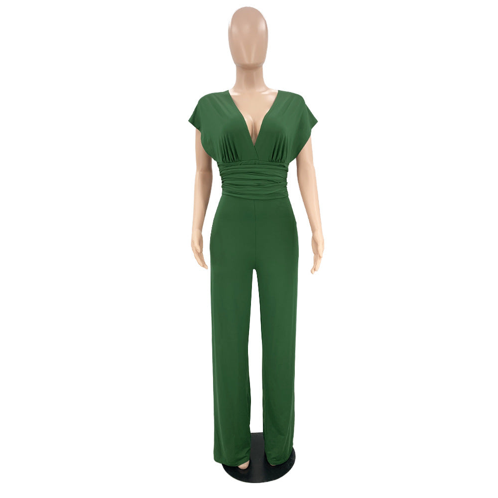 Women Solid V-neck Slim Short Sleeve Jumpsuit 23