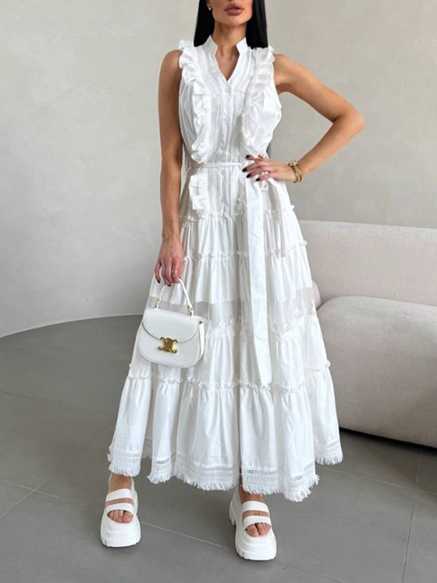 Women's Sleeveless Ruffle Chic Slim Waist Fashion Long Dress 8