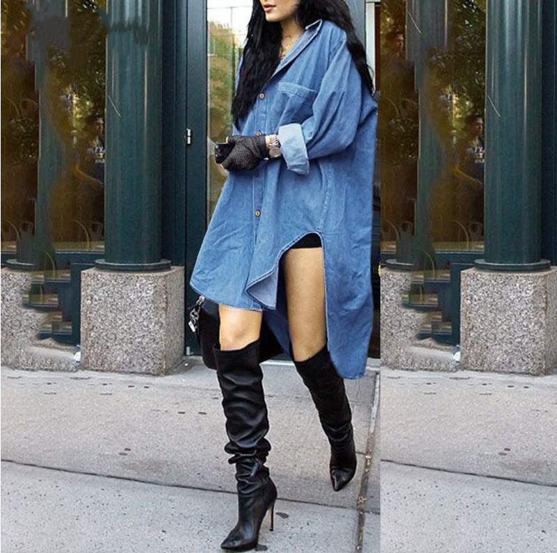 Women Long Sleeve irregular sides Denim Shirt 8