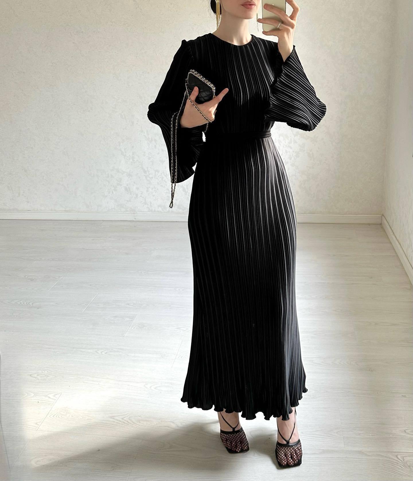 Women's Fall Maxi Dress Chic Pleated Bell Bottom Sleeve Midi Dress 6