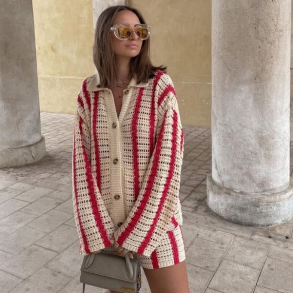 Women Turndown Collar Button Stripe Sweater + Shorts Two-Piece Set 12