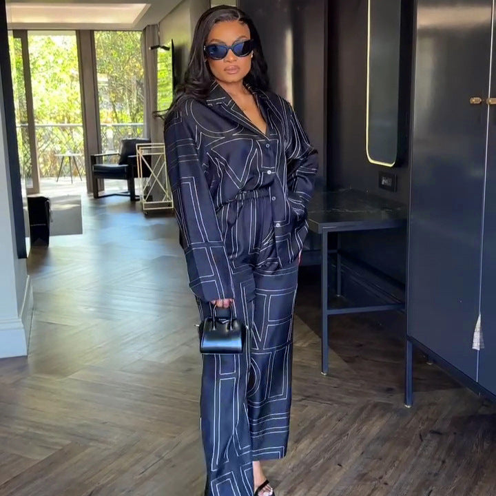 African Women Turndown Collar Long-sleeved printed shirt and wide-leg pants two-piece set 3