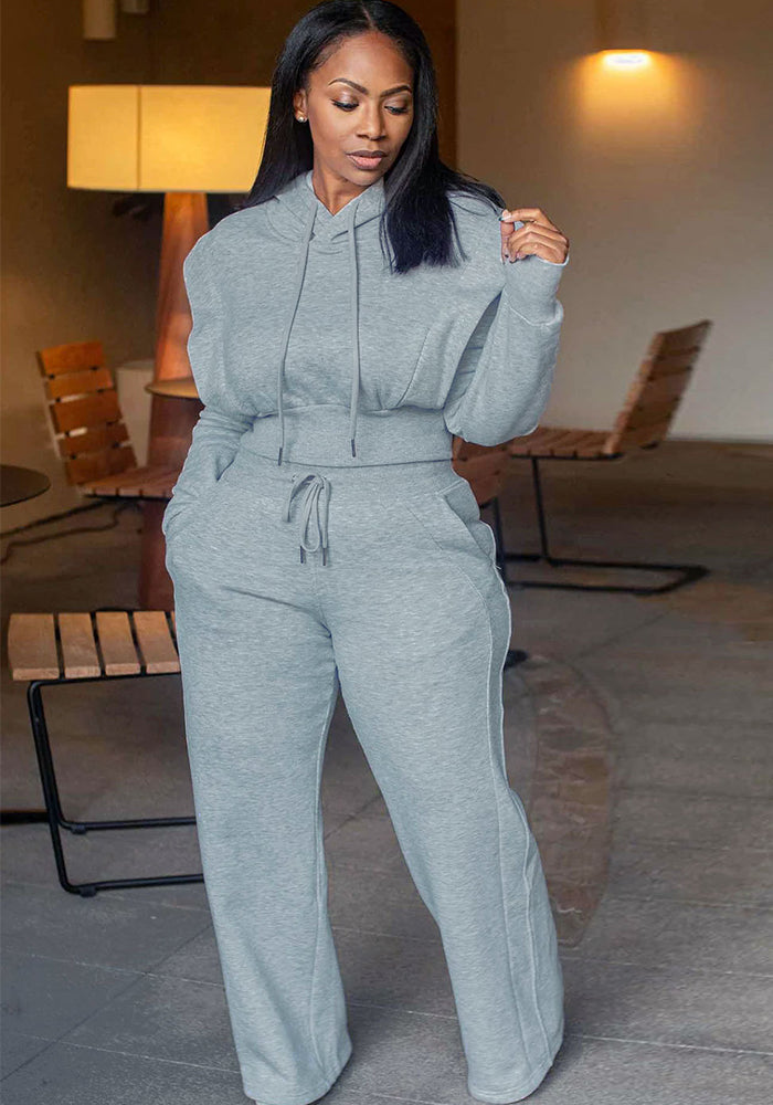 Solid Color Hooded Hoodies Wide Leg Pants Two-Piece Set