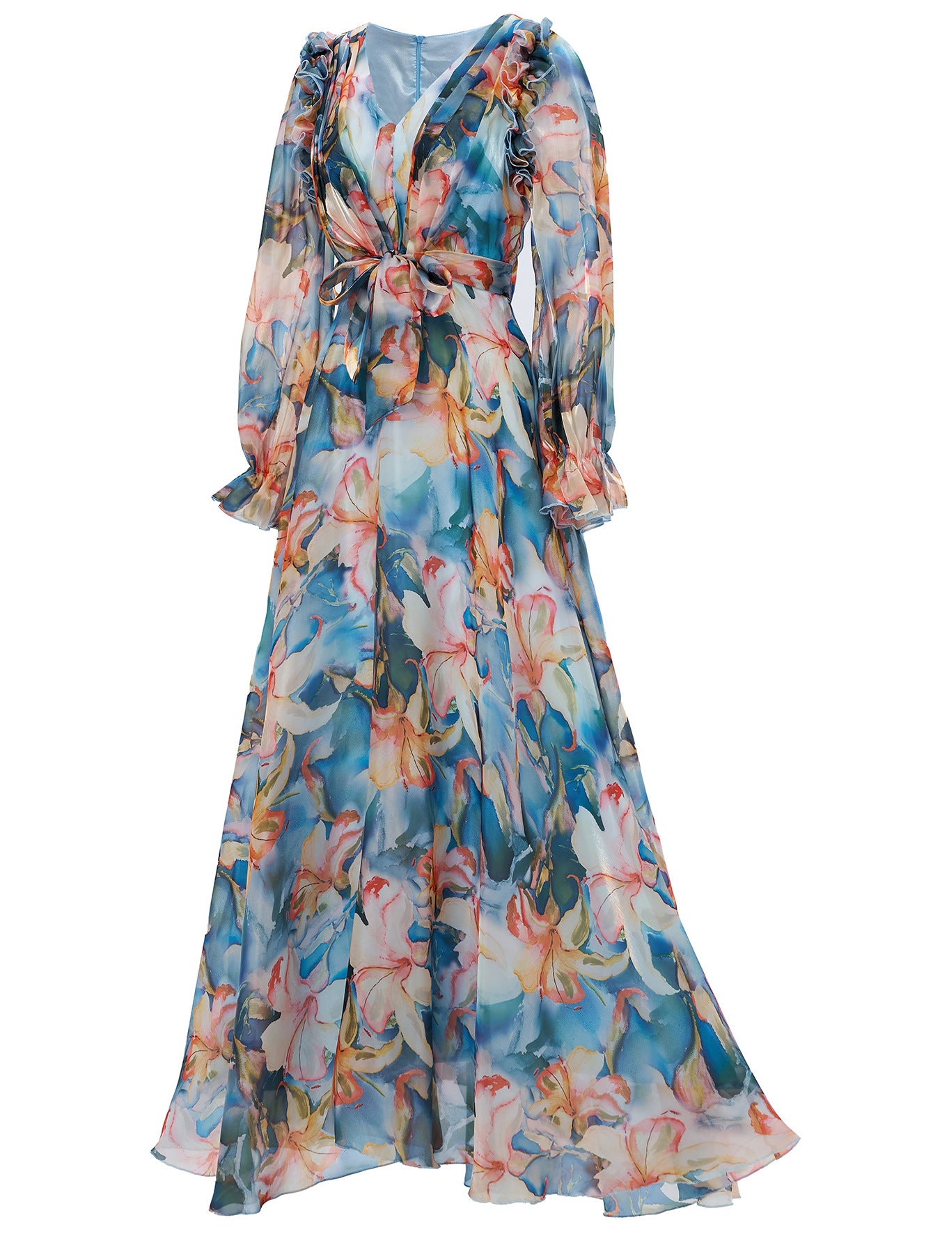 Elegant Women's Long-Sleeve V-Neck Ruffled Formal Party Mesh Evening Gown 17