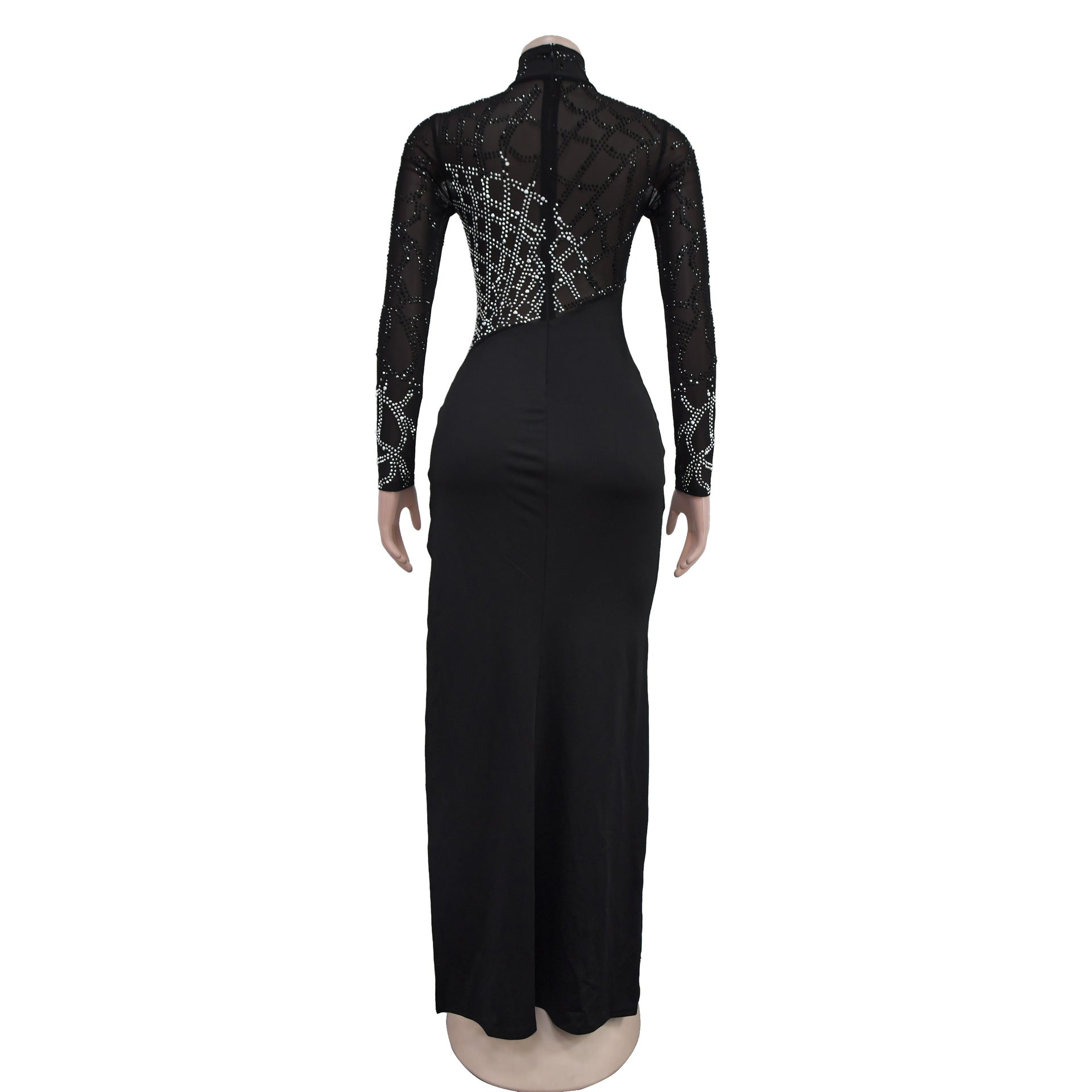 Fashionable Women's Beaded Sexy Hollow Long-Sleeved Slit Dress 11
