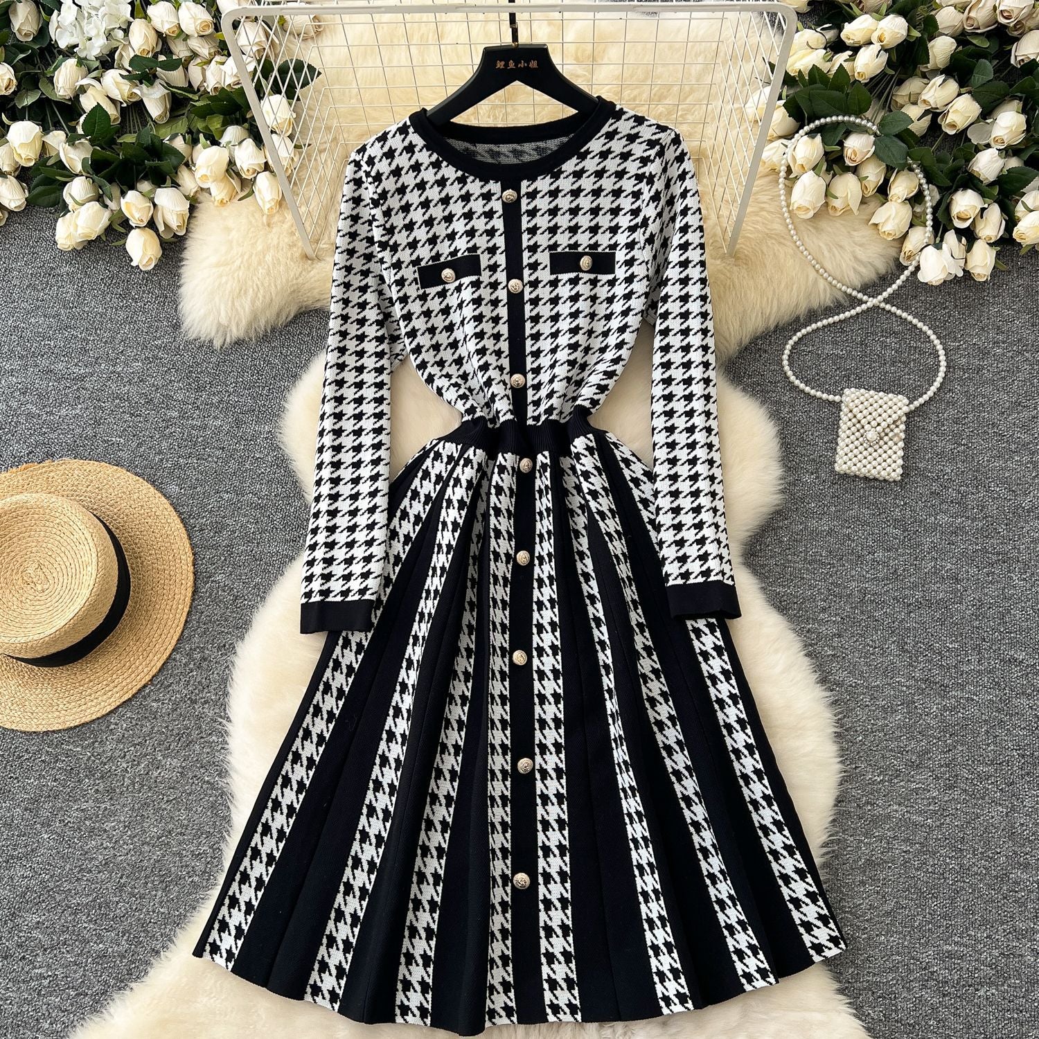 Women Autumn and Winter Metal Button Contrast Pleated Houndstooth Dress 3