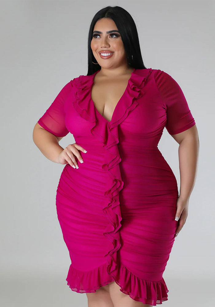 Plus Size Women'S Mesh Lining See-Through Double Layer Ruffle Sexy Dress