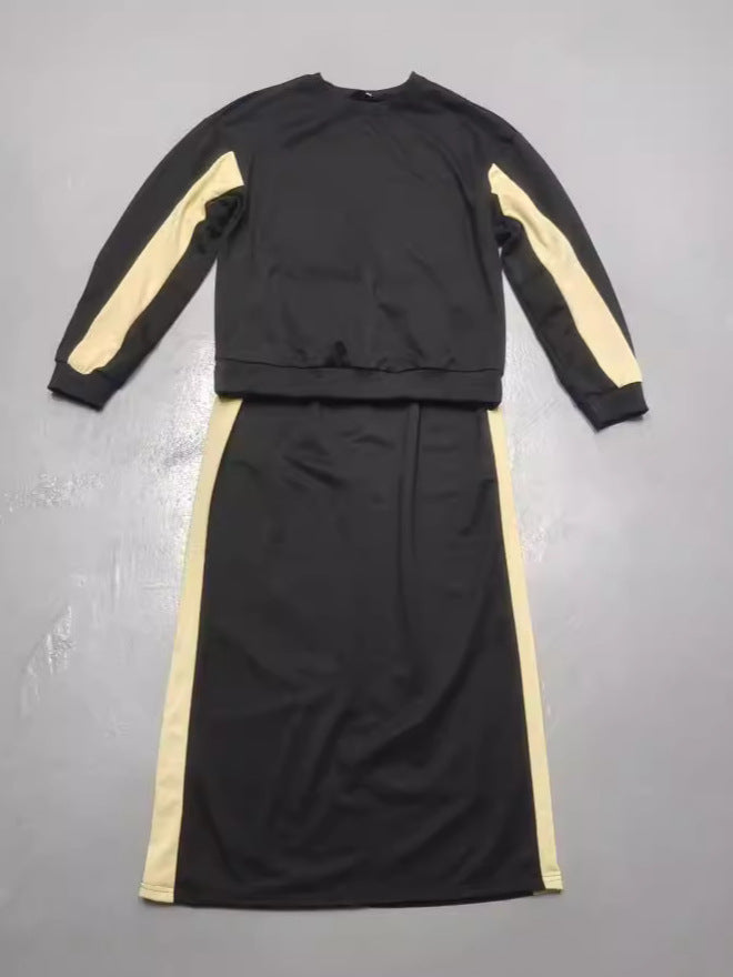 Autumn Fashion Color Matching Loose Casual Top Split Mid-Length Skirt Set For Women 4