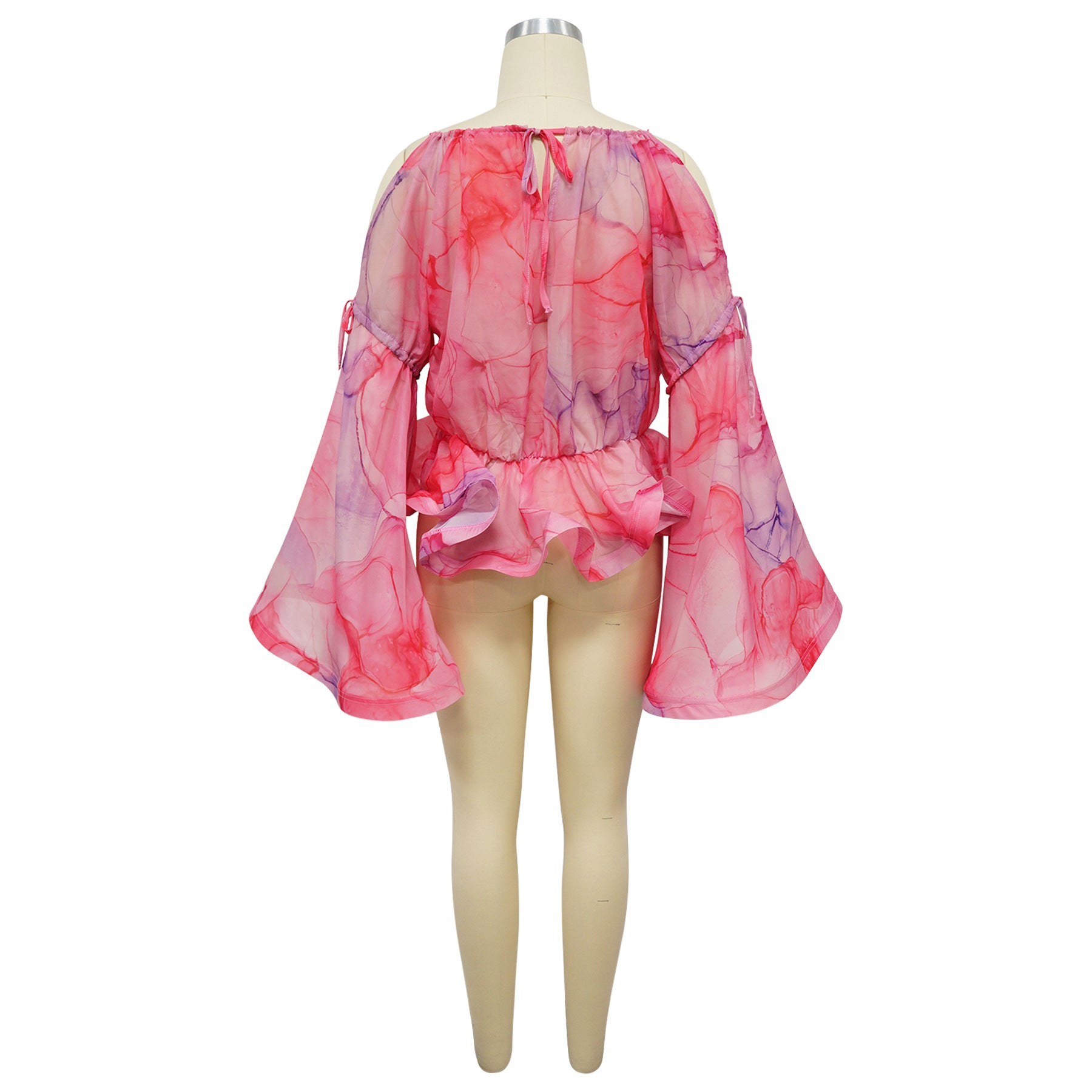 Women Sexy Off-The-Shoulder Mesh Print Bell Bottom Sleeve Top 8