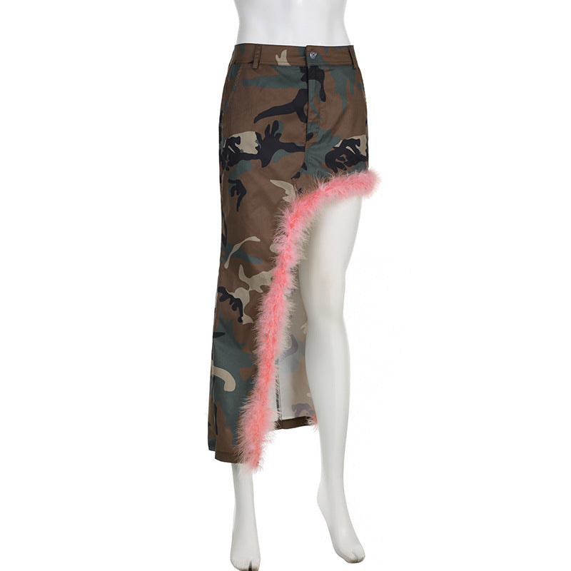 Women camouflage pink fur patchwork bevel irregular skirt 10