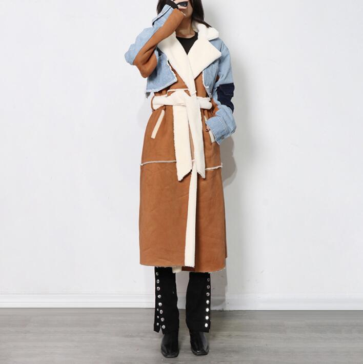 Winter Blue Denim Patch Fleece Full Sleeves Thick Long Coat 5