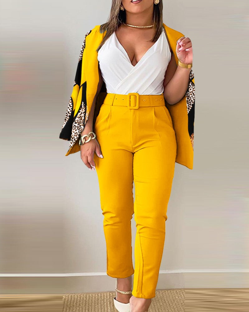 Women autumn and winter Blazer and trousers two-piece set with belt 5