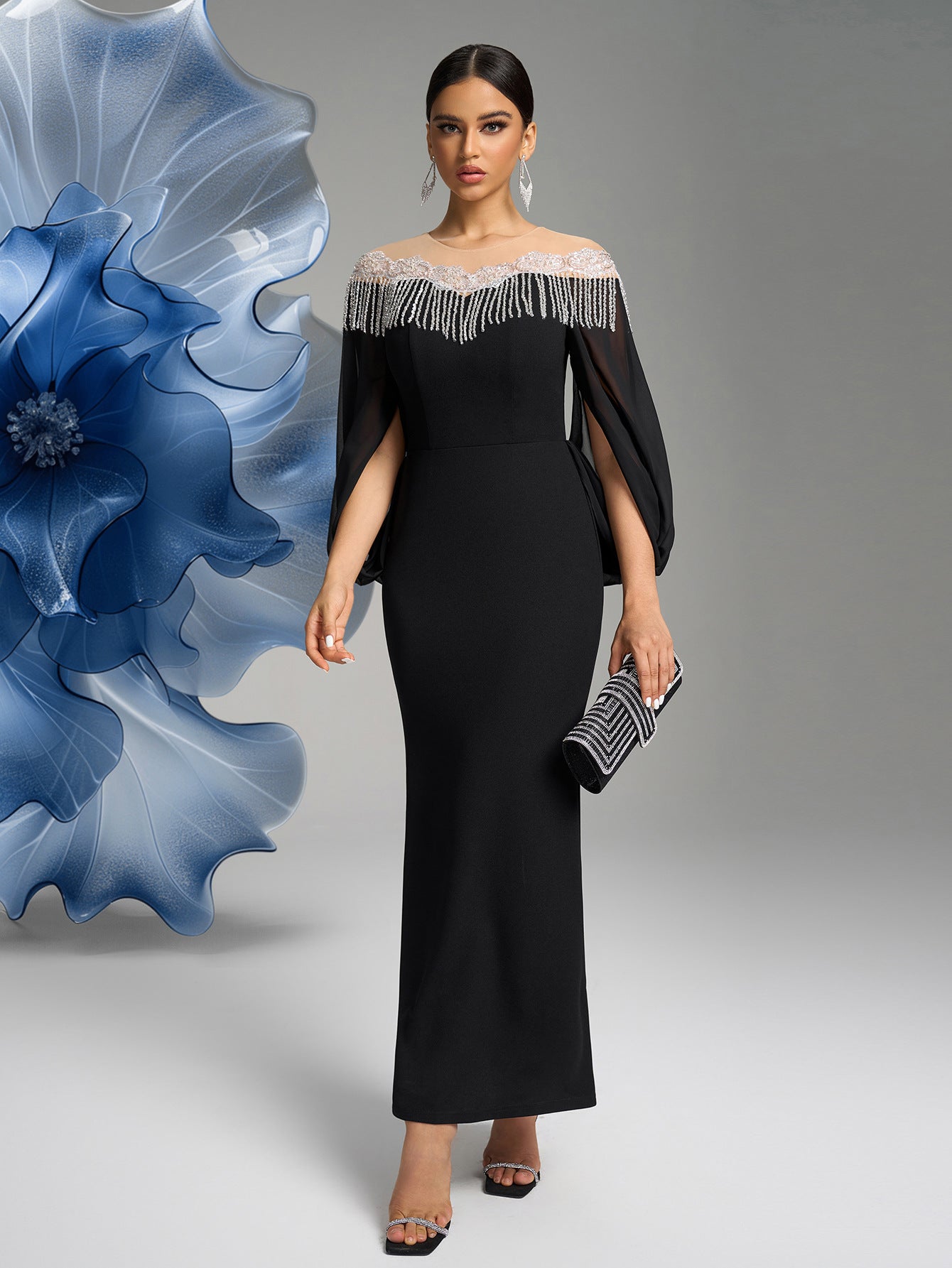 Women Round Neck Irregular Long Sleeve Light Luxury Beaded Bodycon Long Dress Dinner Dress 5