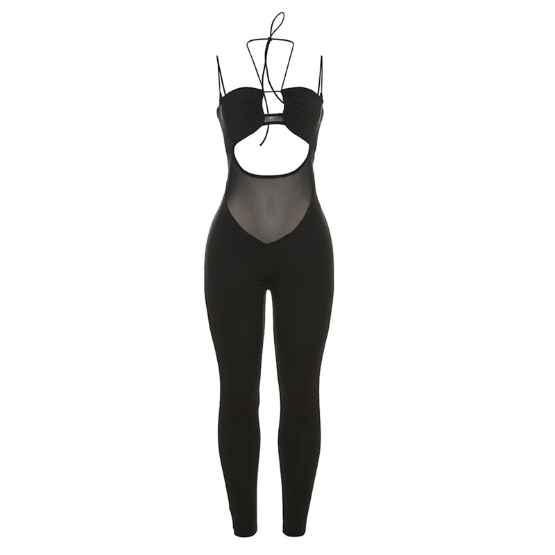 Summer Women's Sexy Hollow See-Through Halter Neck High Waist Tight Fitting Knitting Jumpsuit 7