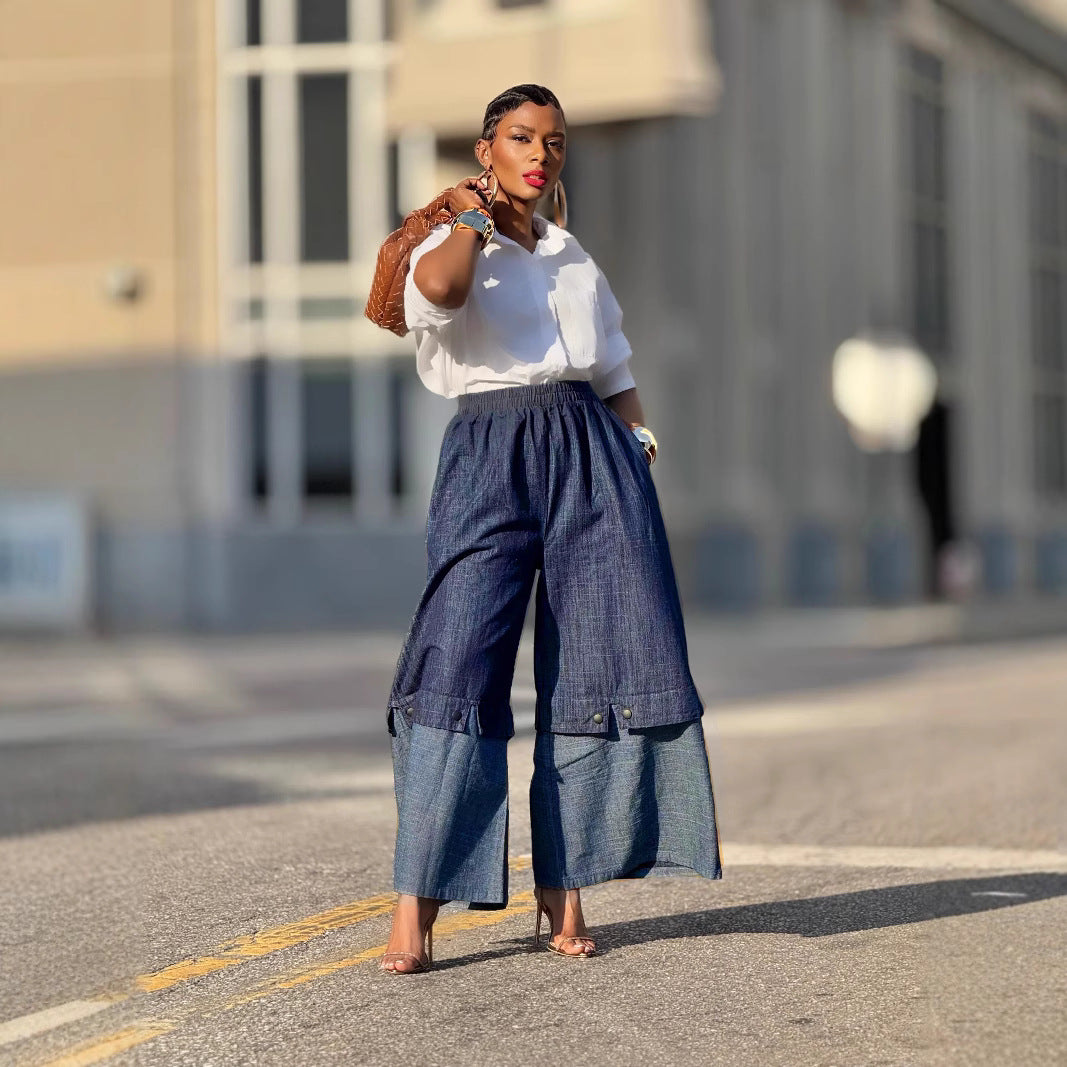 Street Style Patchwork Color-Block Wide-Leg Denim Pants 8