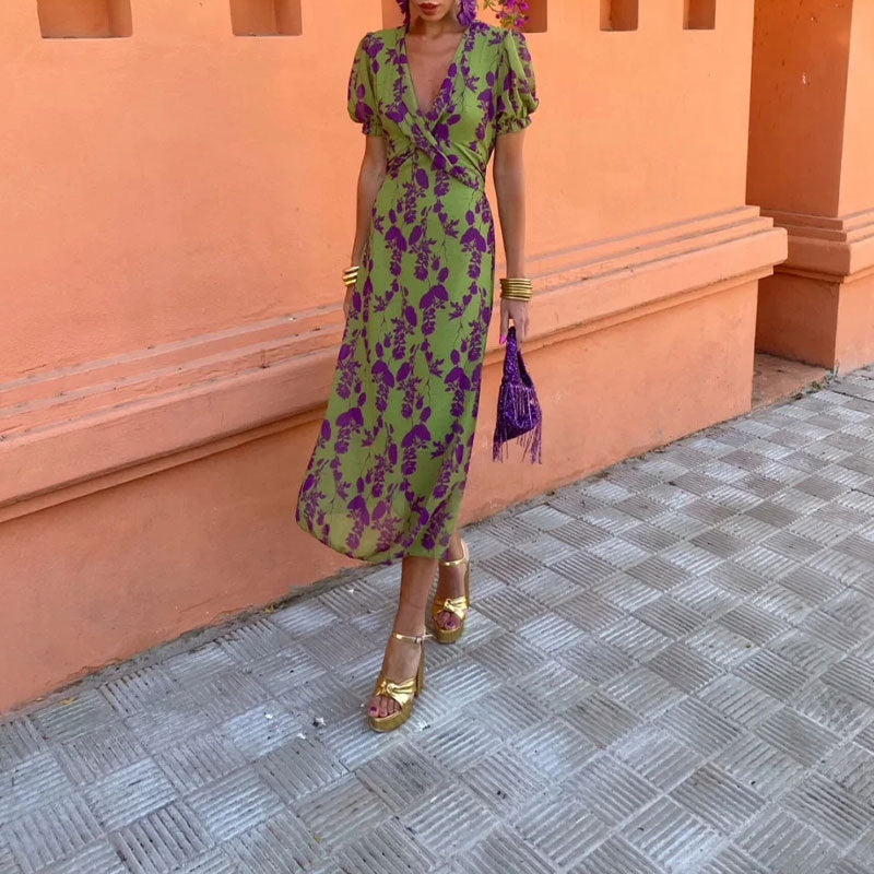 Women's fashion printed V-neck long dress 4