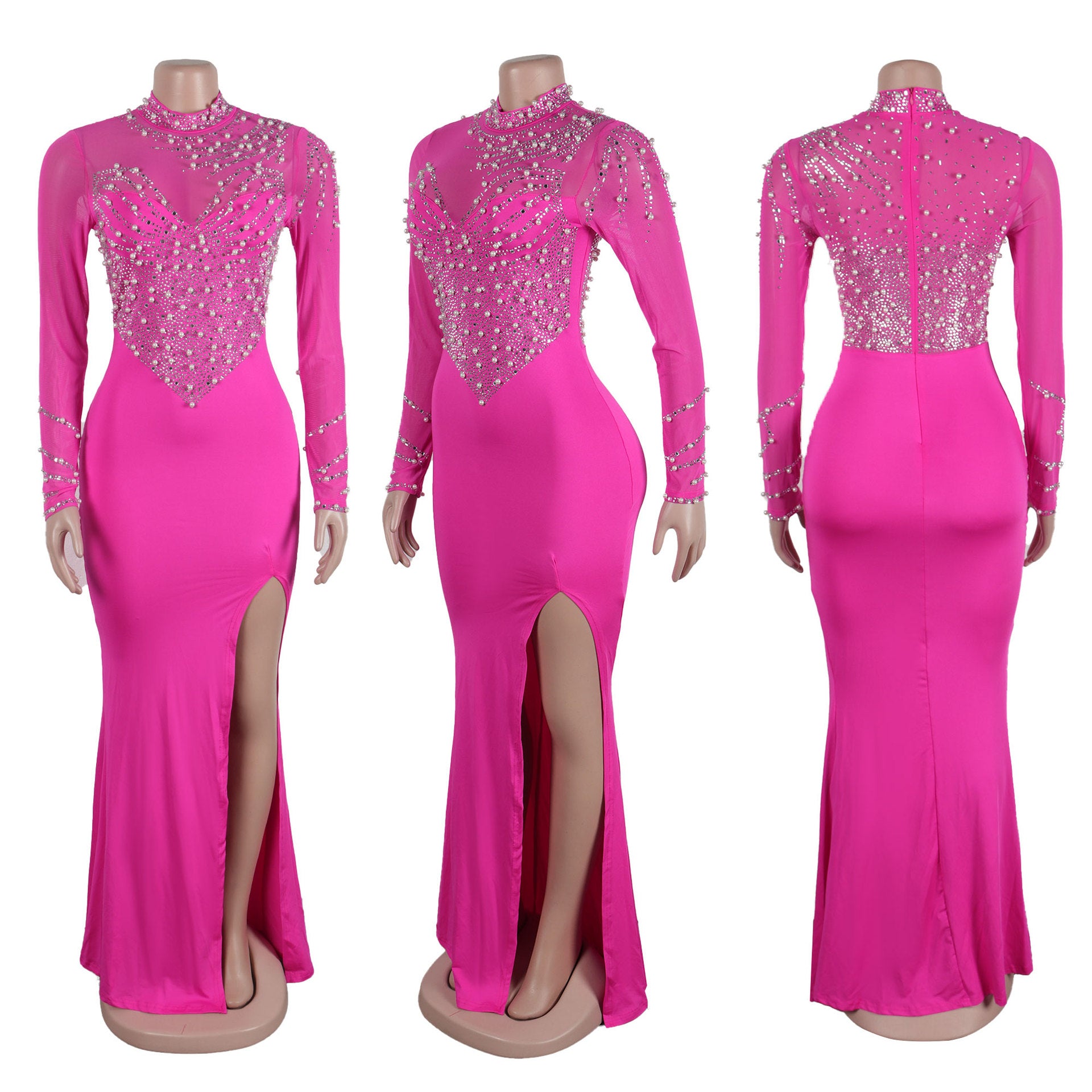 Women Beaded See-Through Bodycon Stretch Slit Dress 18