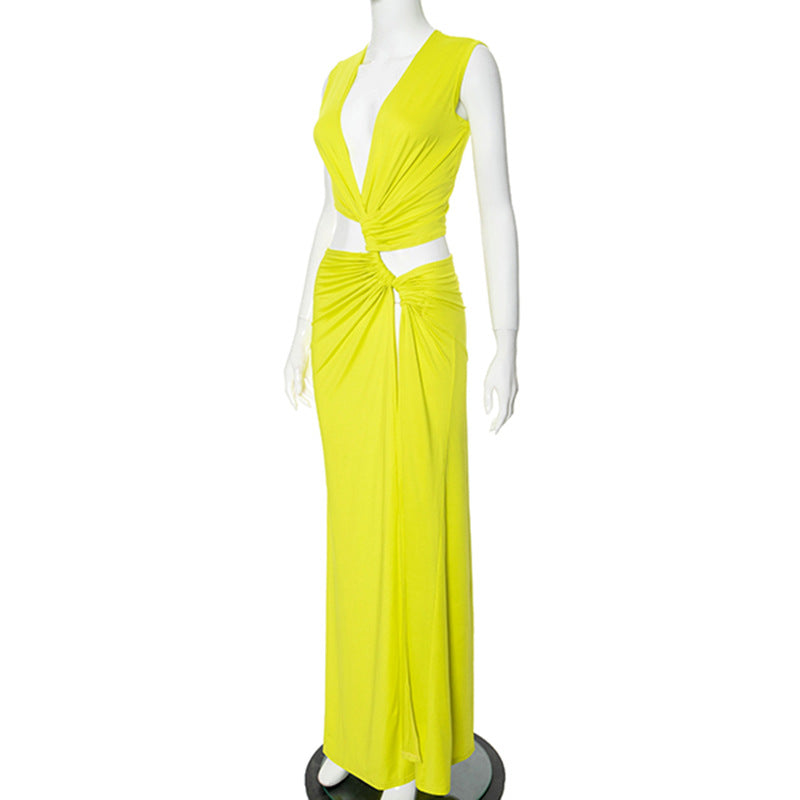 Women's Summer Solid Color Sexy Deep V Hollow Slit Slim Long Dress 5