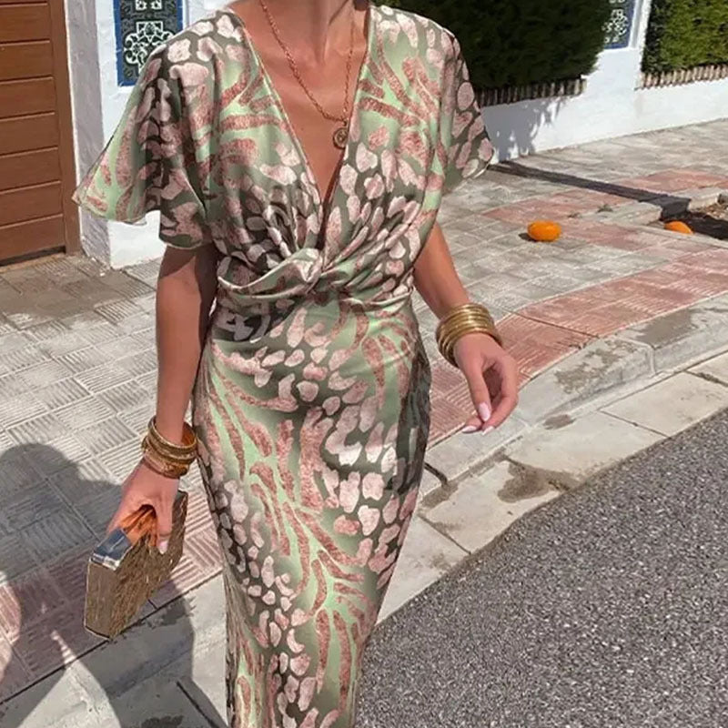 Summer women's fashion print sexy v-neck midi dress 4