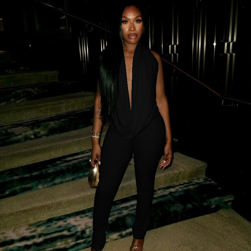 Fashion Halter-Neck Solid Color Low-Back Tight-Fitting Two-Piece Pants Set 7