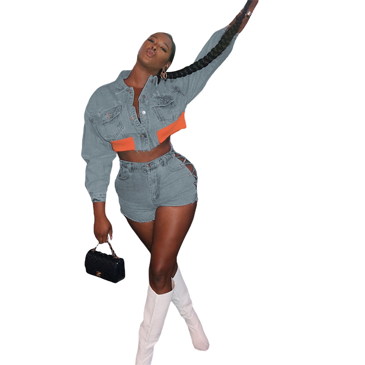 Fashionable Denim Suit Casual Denim Jacket Shorts Set 7