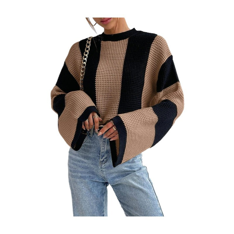 Spring And Autumn Trendy Knitting Sweater Top Round Neck Striped Sweater Jacket For Women 7