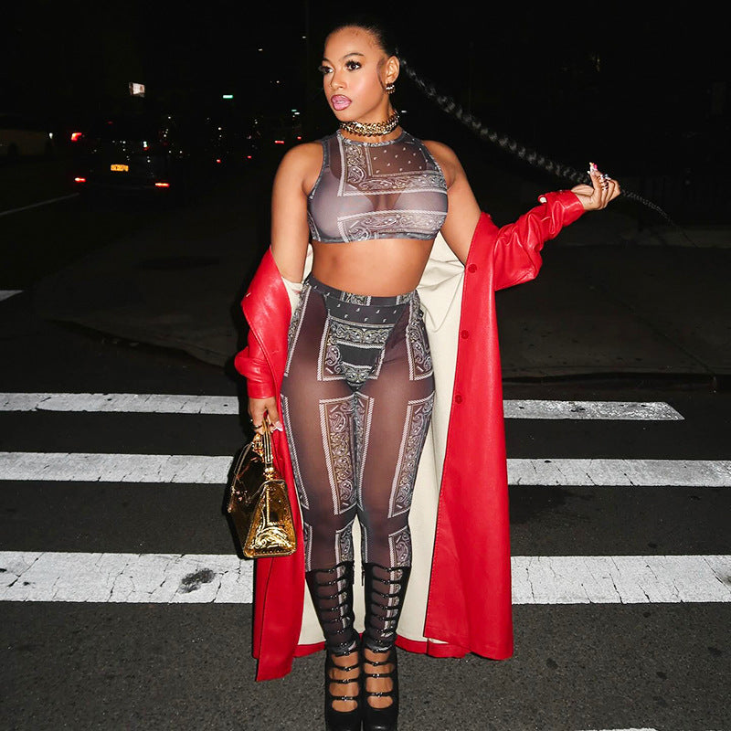 Fashion Summer Sexy See-Through Sleeveless Vest Butt Lift Basic Pants Two Piece Set 3