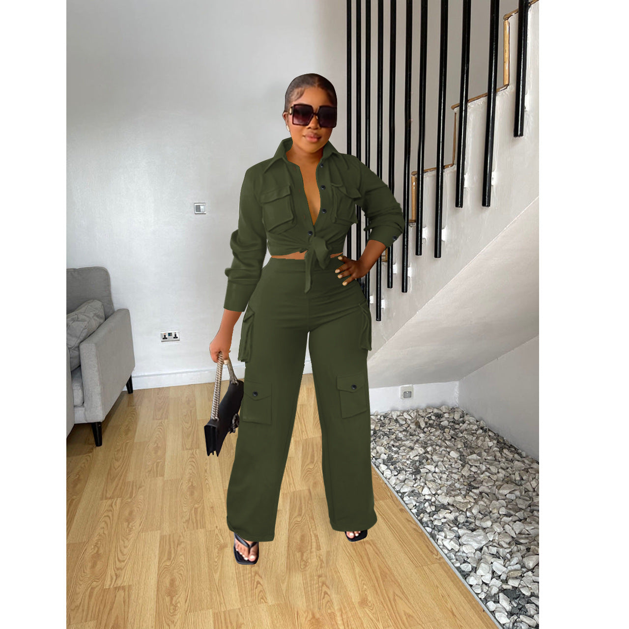 Women Cargo Long Sleeve Top and Wide Leg Pants Solid Two-Piece Set 10