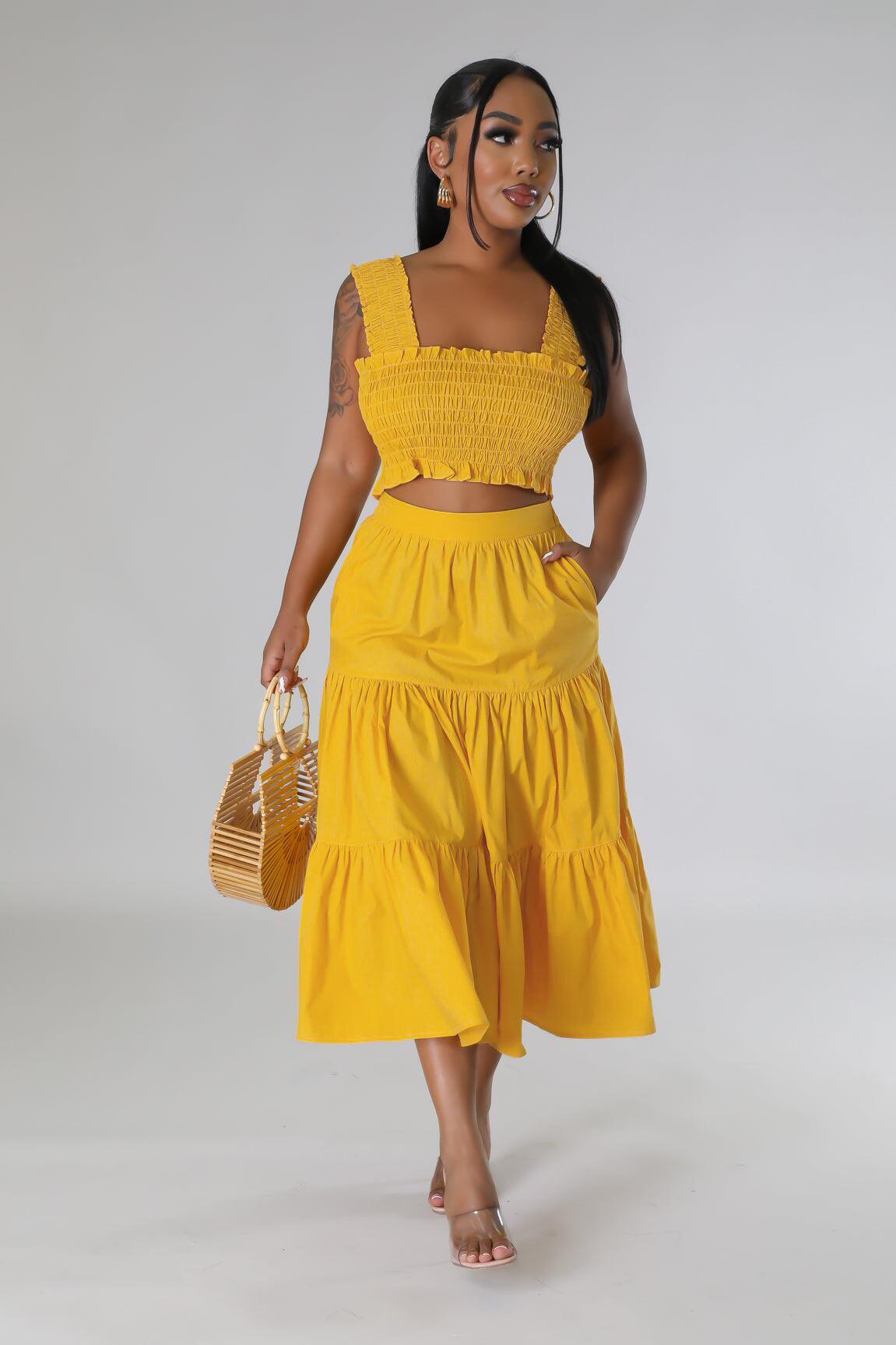 Women Chest Wrap Top and Pocket Skirt Two-piece Set