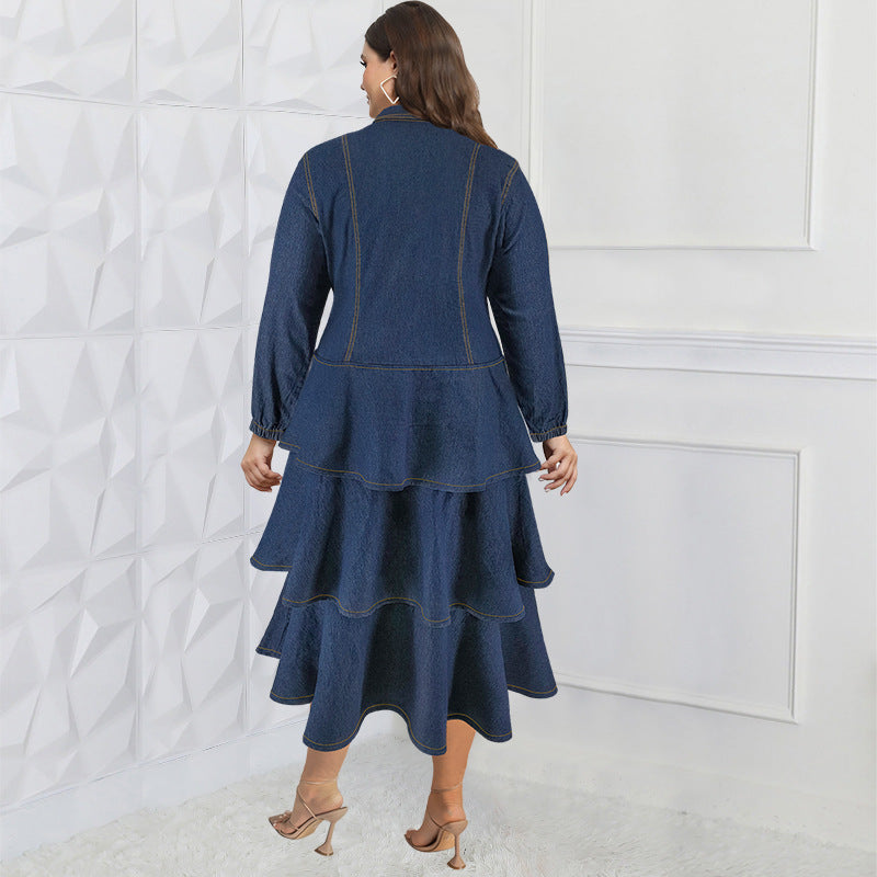 Plus Size Women's Denim Long Sleeve Turndown Collar layer Long Dress 4