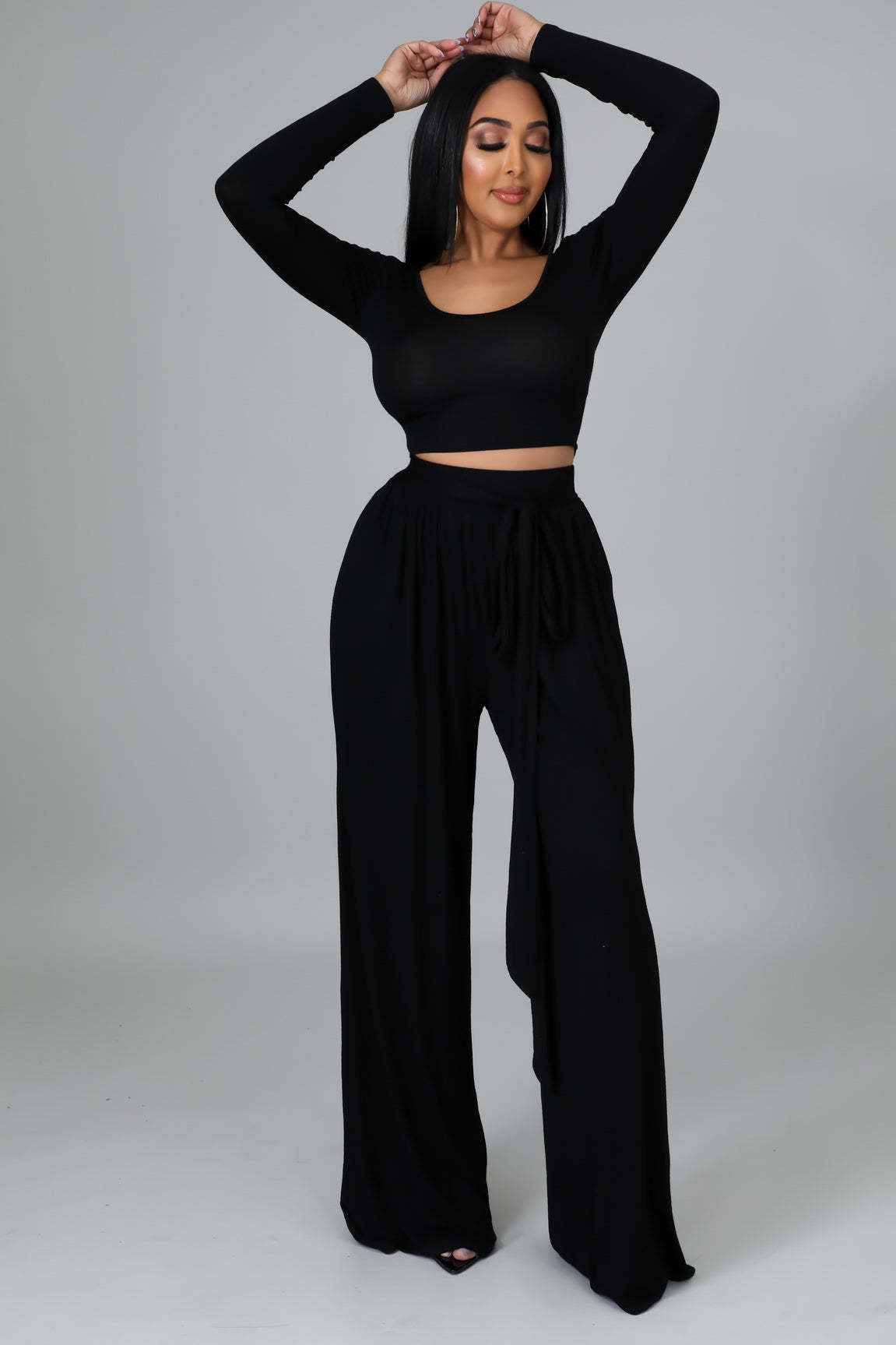 Fashion Solid Color Casual Round Neck Long-Sleeved Top Wide-Leg Trousers Two Piece Set