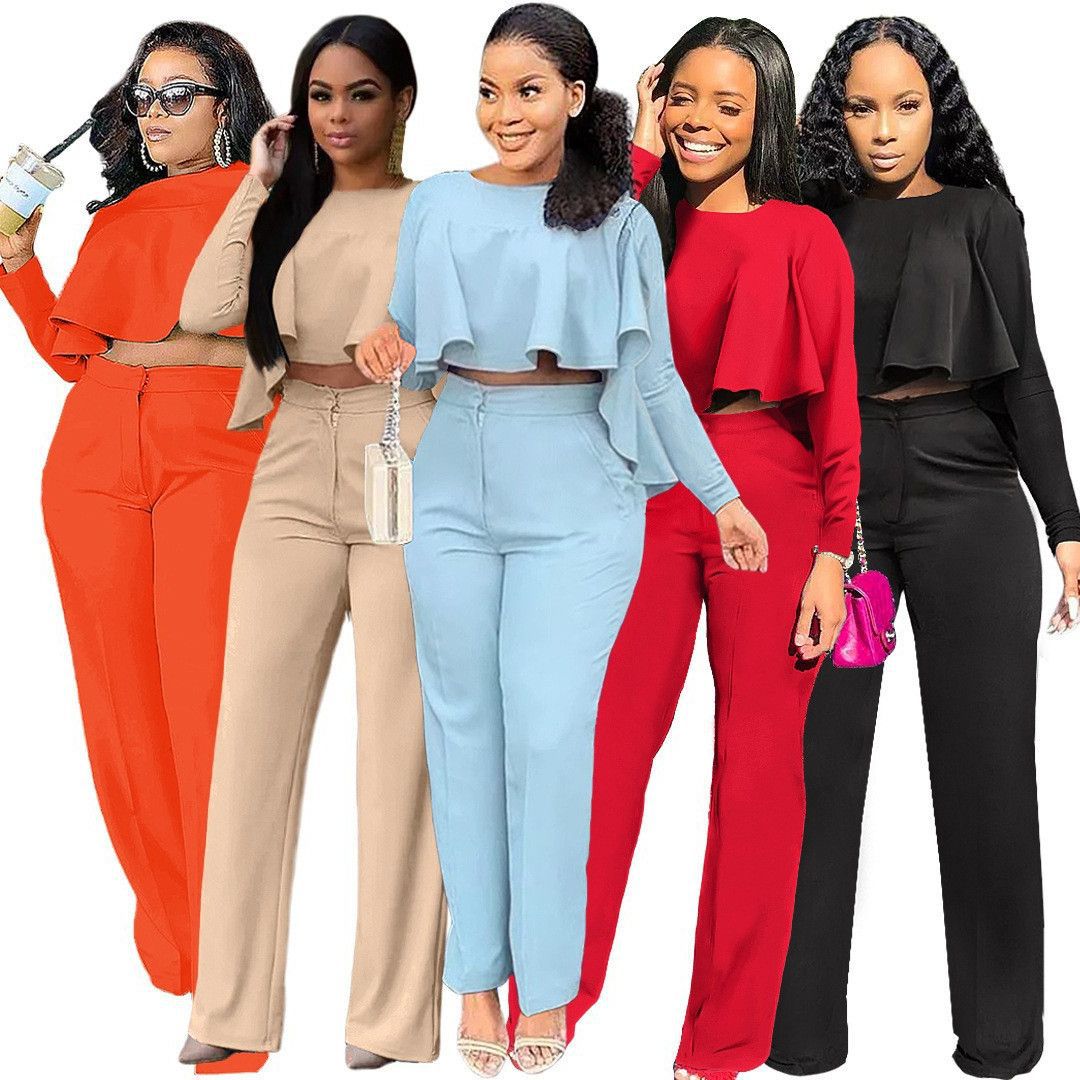 Women'S Autumn And Winter Solid Color Hollow Long-Sleeved High-Waisted Wide-Leg Pants Two-Piece Set