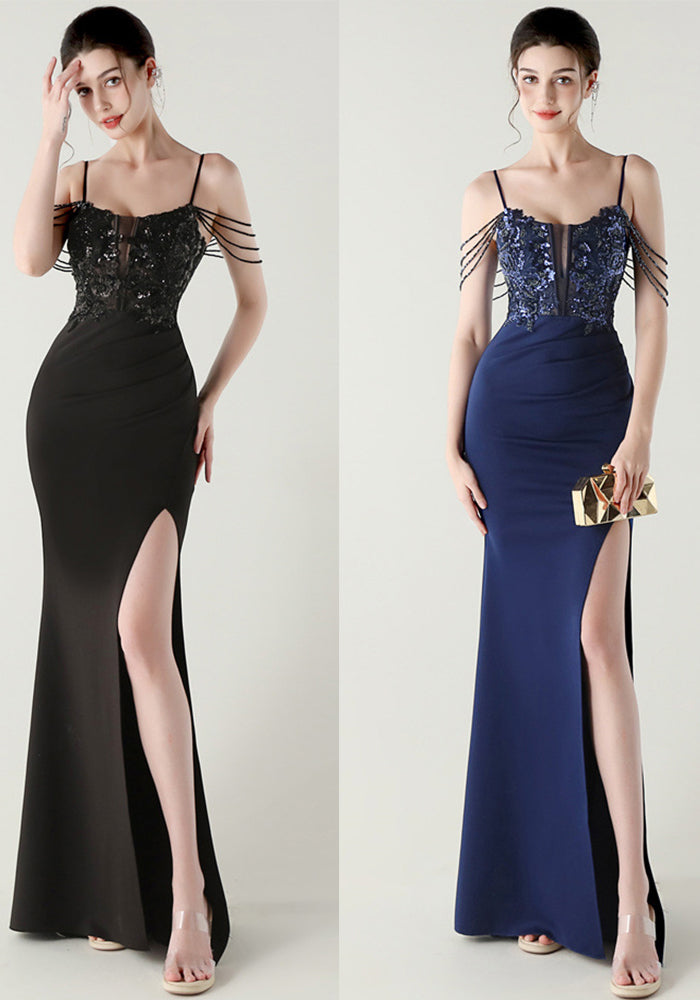 Women Fishbone Lace-Up Formal Formal Party Prom Strappy Sequin Evening Dress