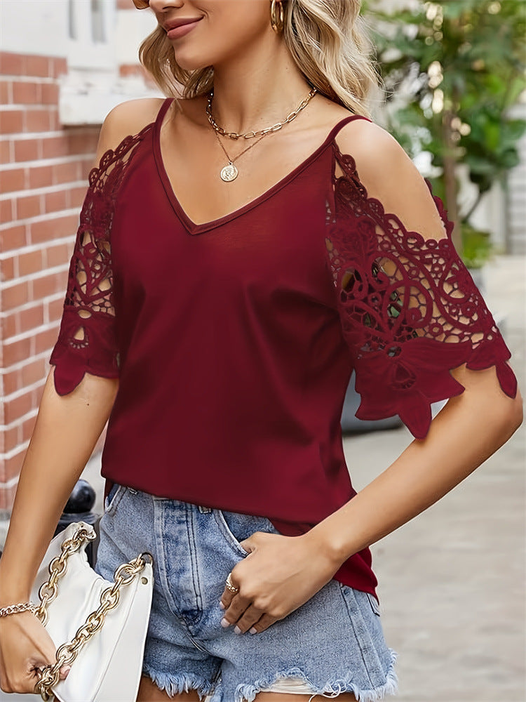 Lace sleeve v-neck solid color strap off-shoulder casual t-shirts for women 5
