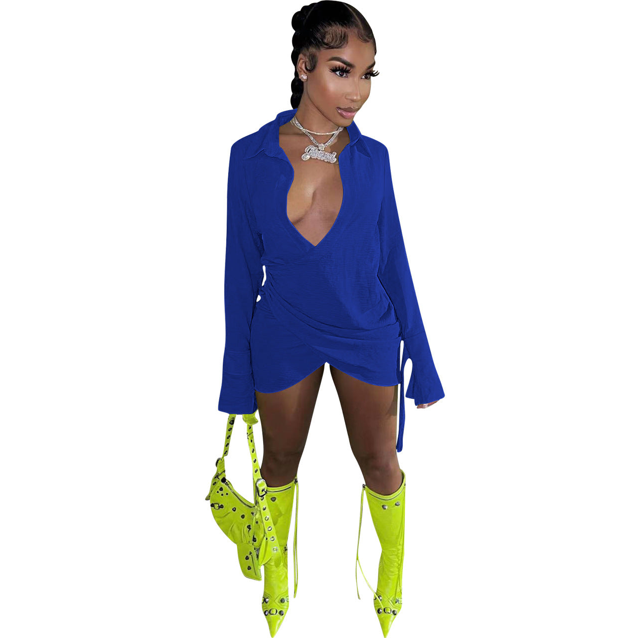 Ladies Fashion Cross Solid Shirt Dress 4