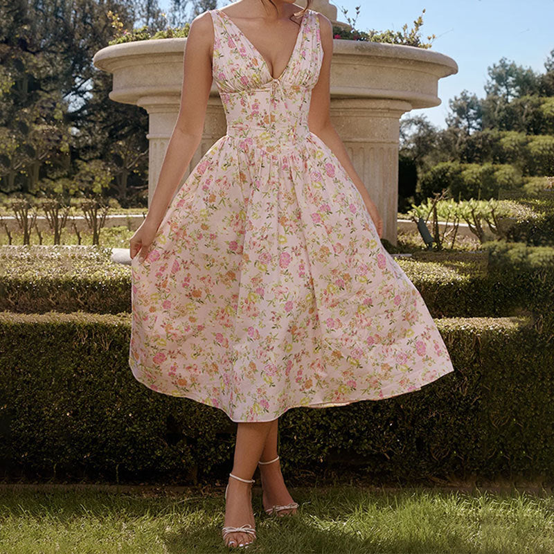 Autumn women's elegant fashion print Strap V-neck high waist Low Back a-line Dress 11