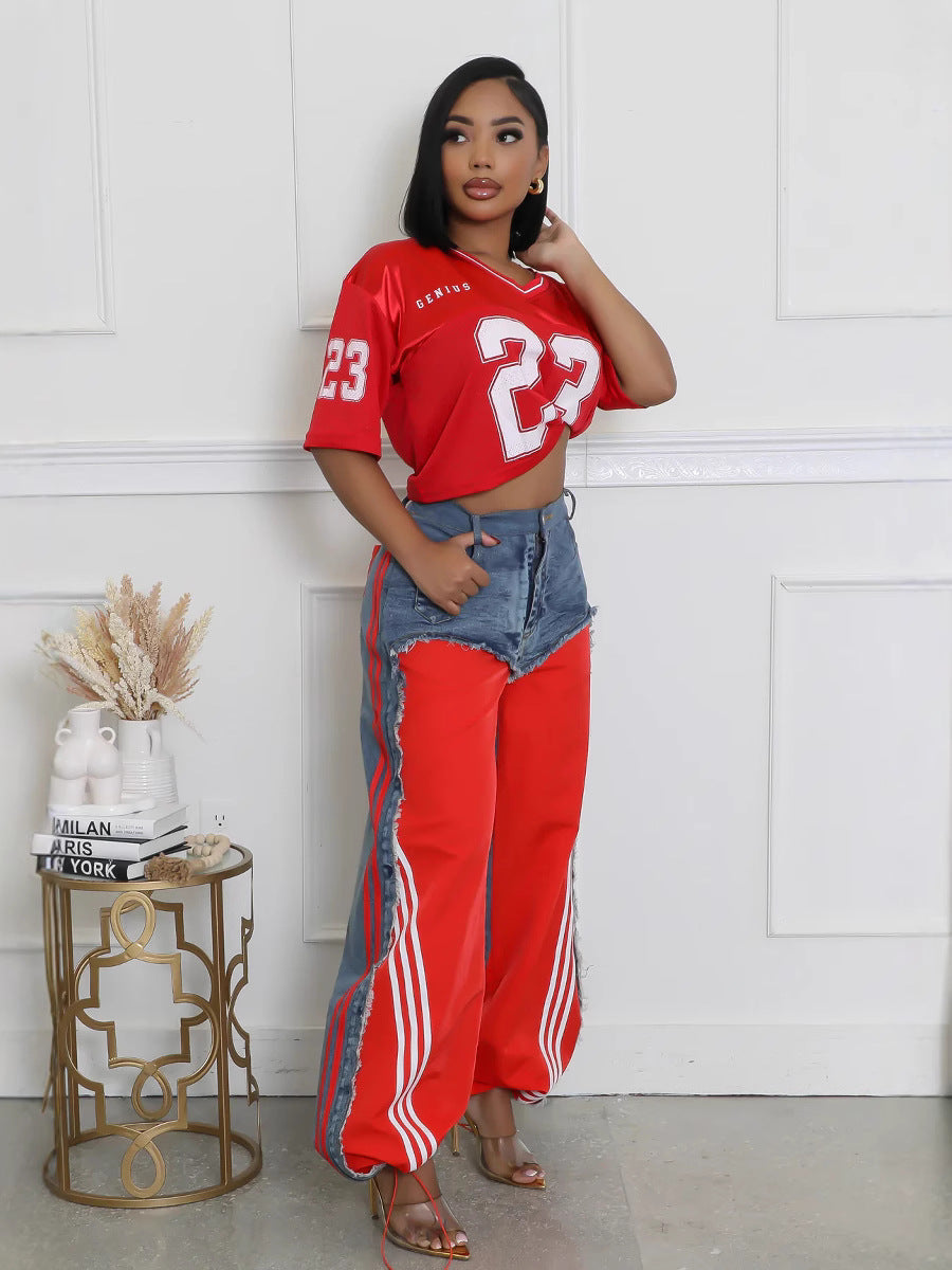 Women’s Streetwear Denim Patchwork Striped Drawstring Pants 7