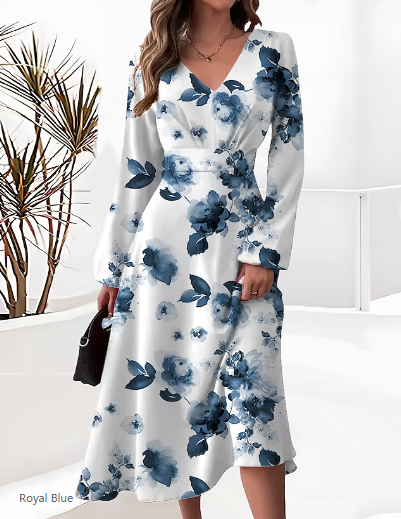 Autumn and winter fashion Chic elegant printed v-neck long-sleeved dress 8