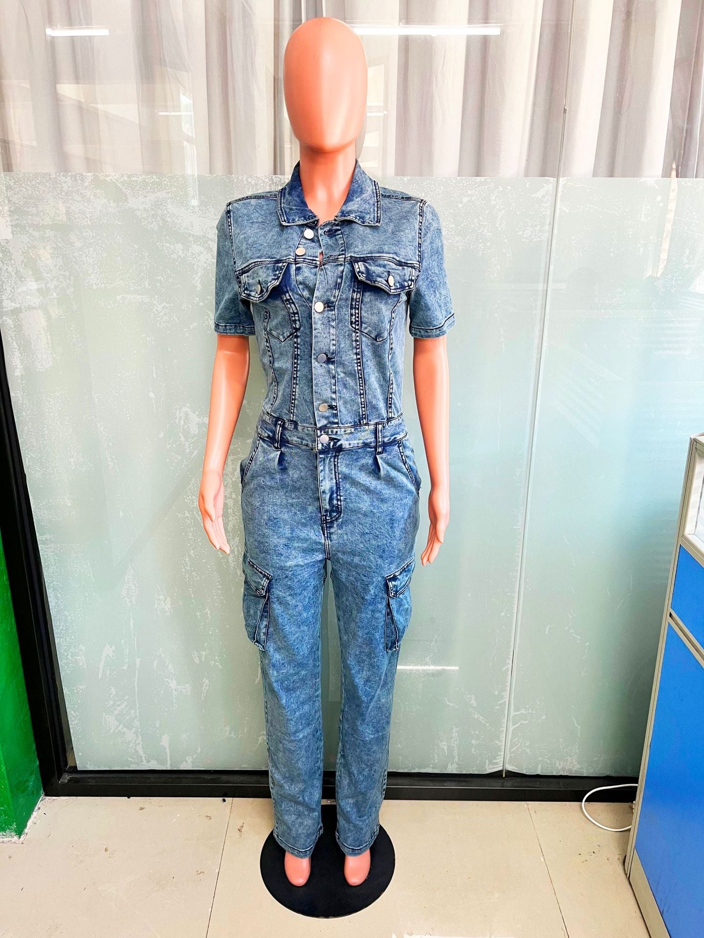 Short Sleeve Tight-Waisted Slim-Fit Stretch-Washed Denim Jumpsuit 7