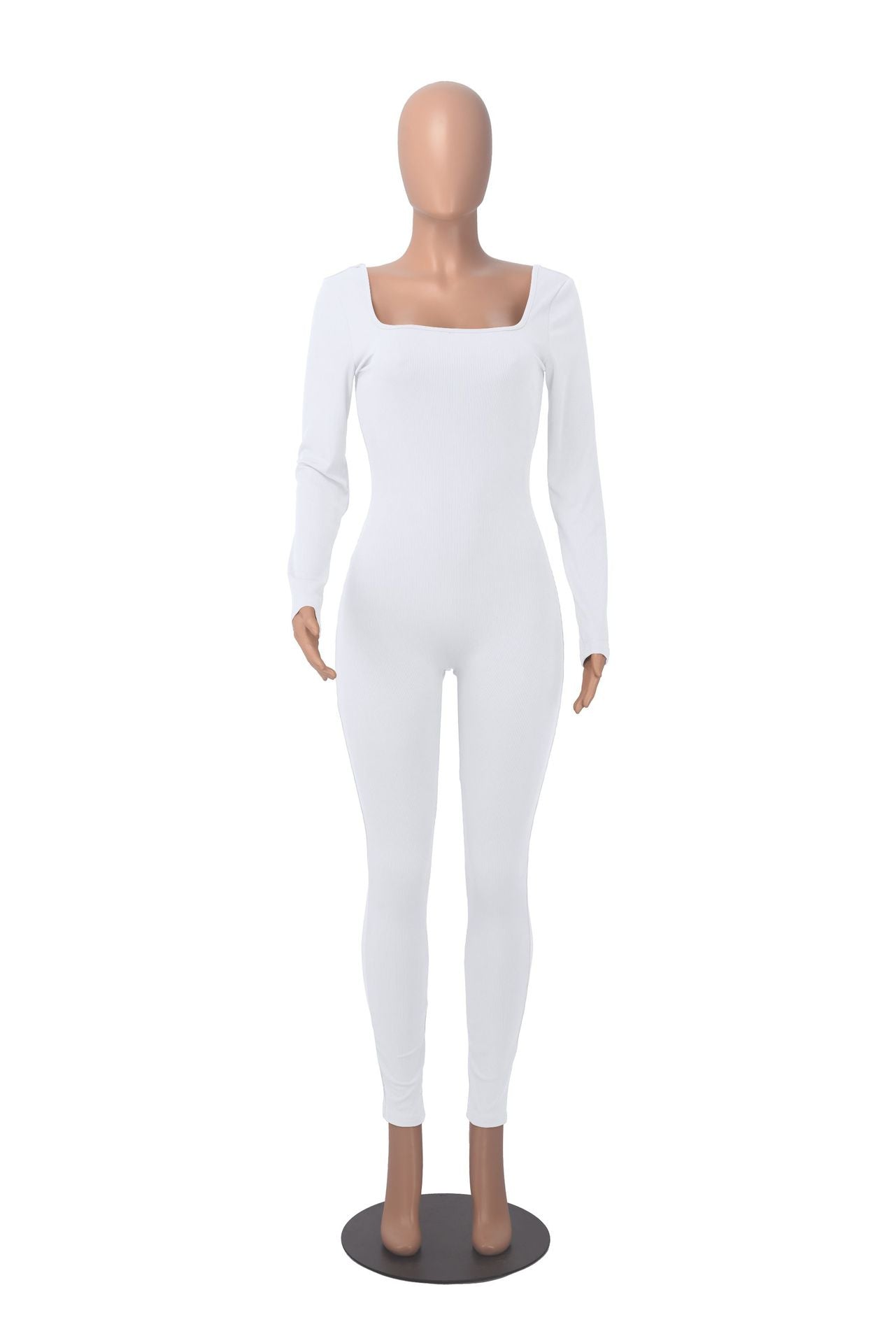 Women's Solid Color Long Sleeve Ribbed Square Neck Low Back Butt Lift Slim Athletic Jumpsuit 21