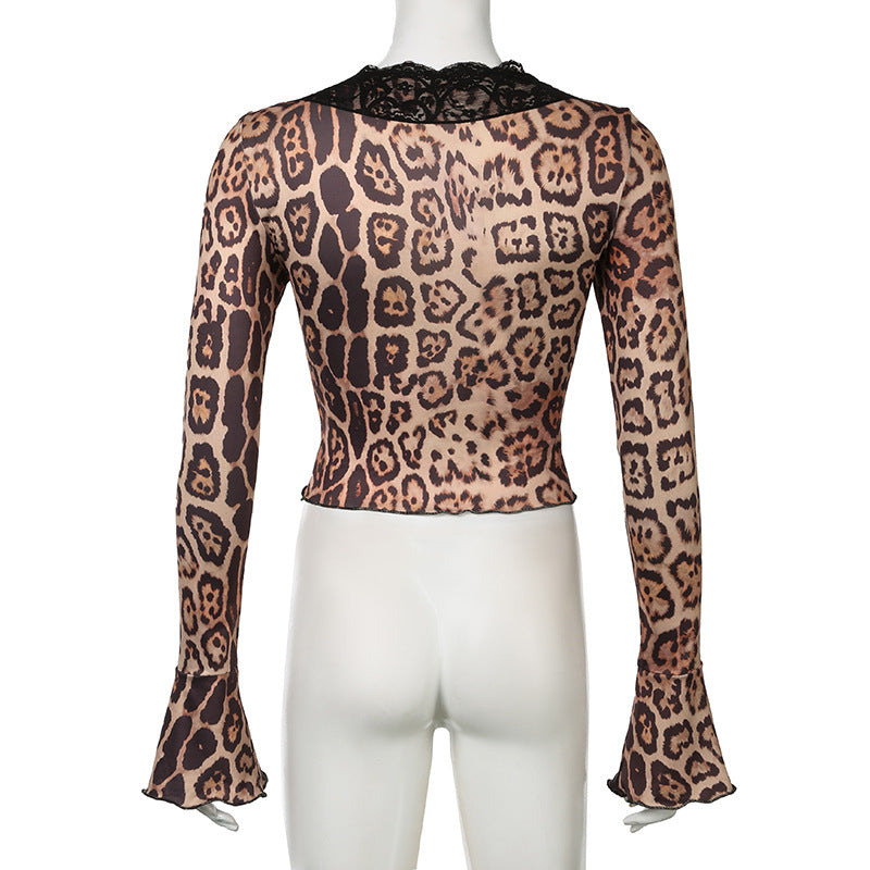 Women Leopard Lace Hollow Lace Sexy V-Neck T-Shirt Top 10