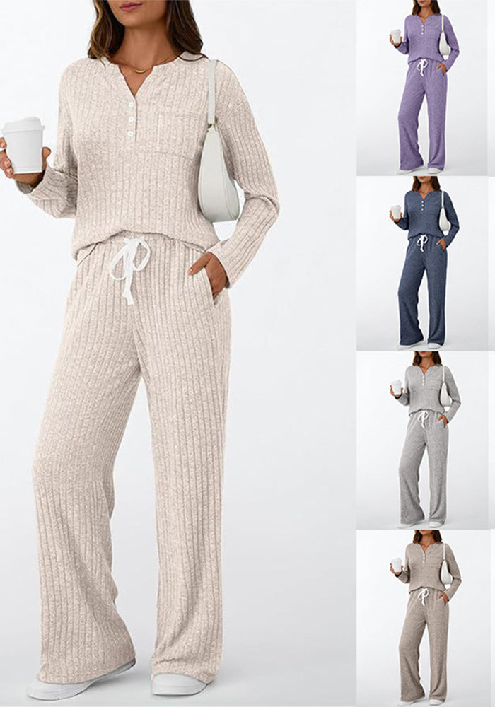 Autumn Winter Women's V-Neck Outdoor Wear Style Home Pajamas Two-Piece Set