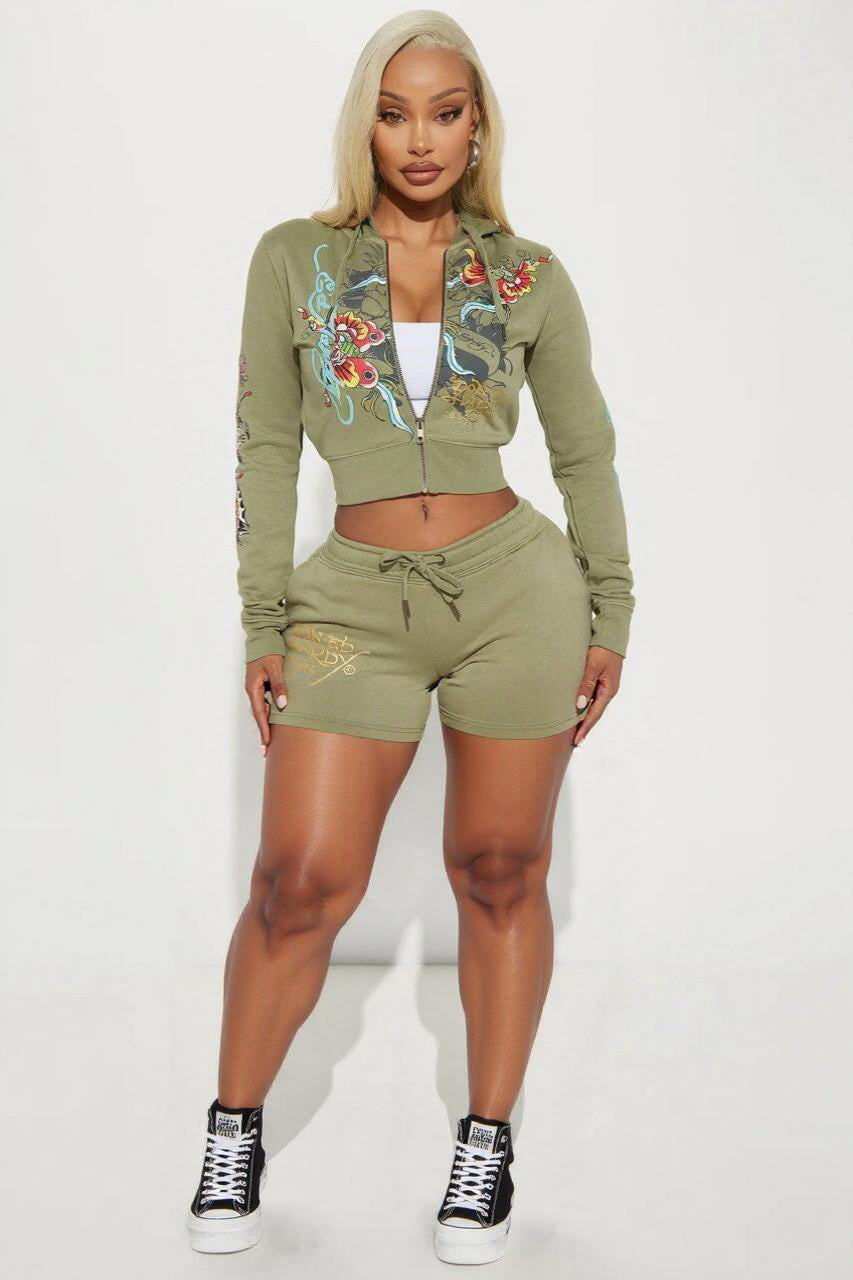 Women Retro Wing Print Casual Top and Shorts Two Piece Set 8