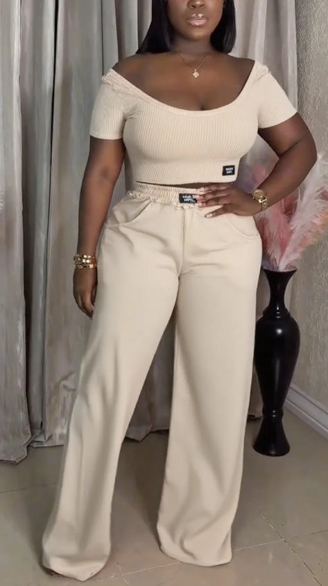 Summer Women's Solid Color Round Neck Short Sleeve Top Casual Pants Set 7